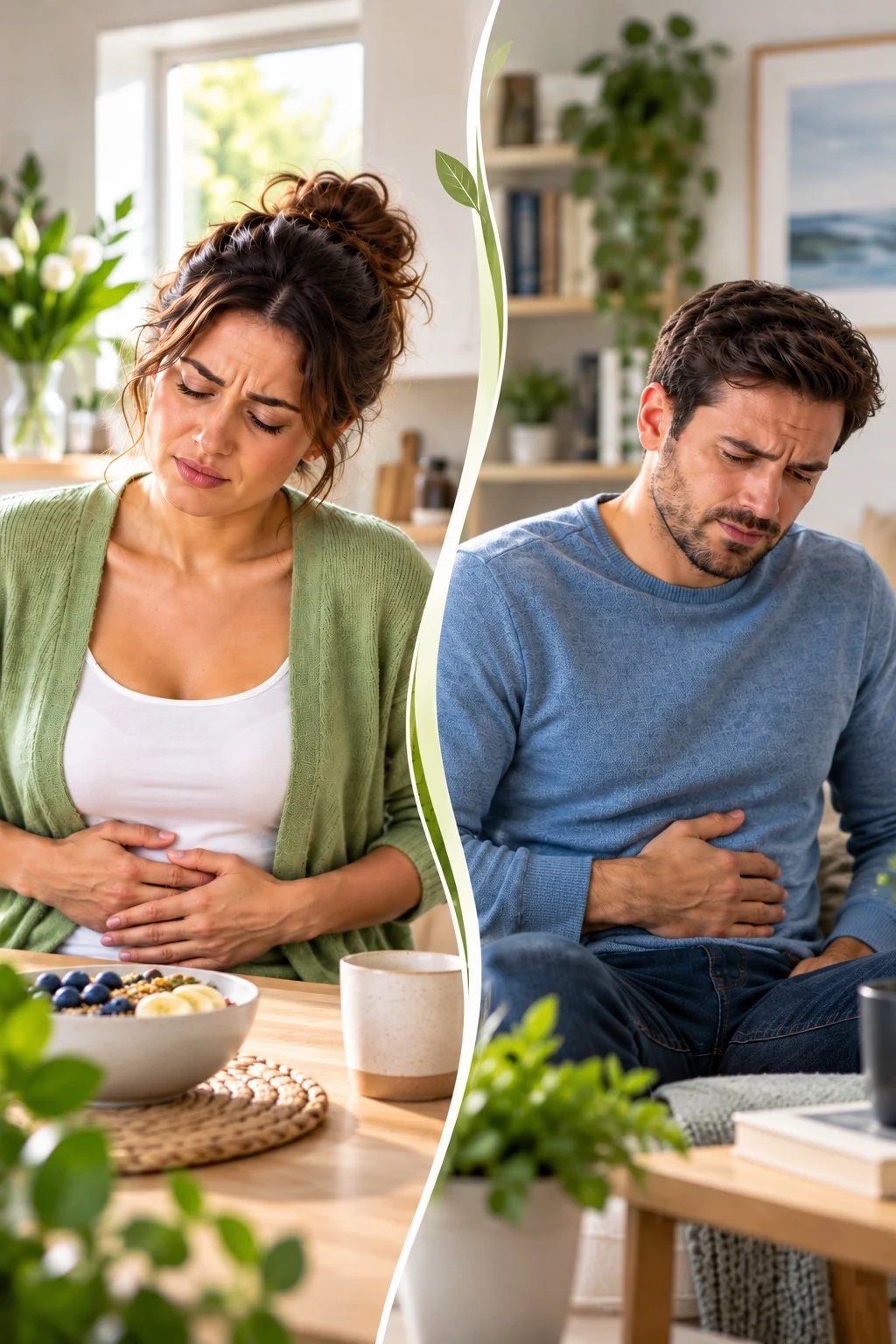 Woman and man in separate home settings experiencing constipation discomfort
